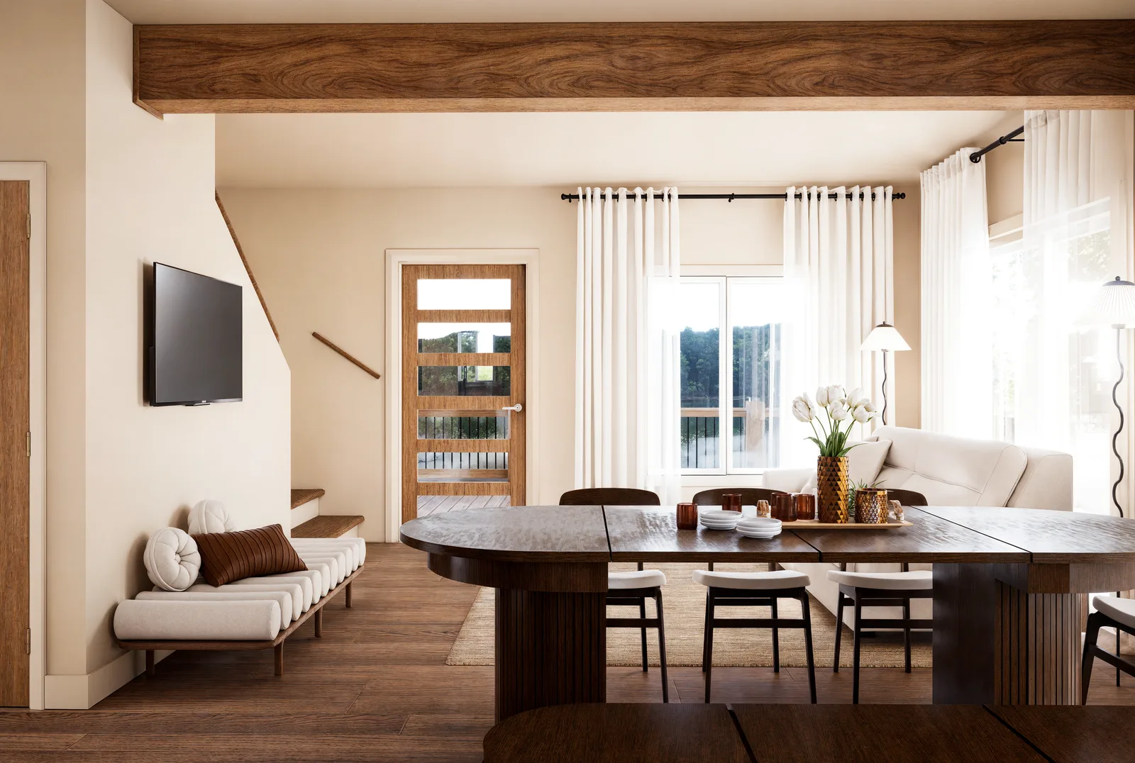 Rendering of the dining table and living room under the timber beam