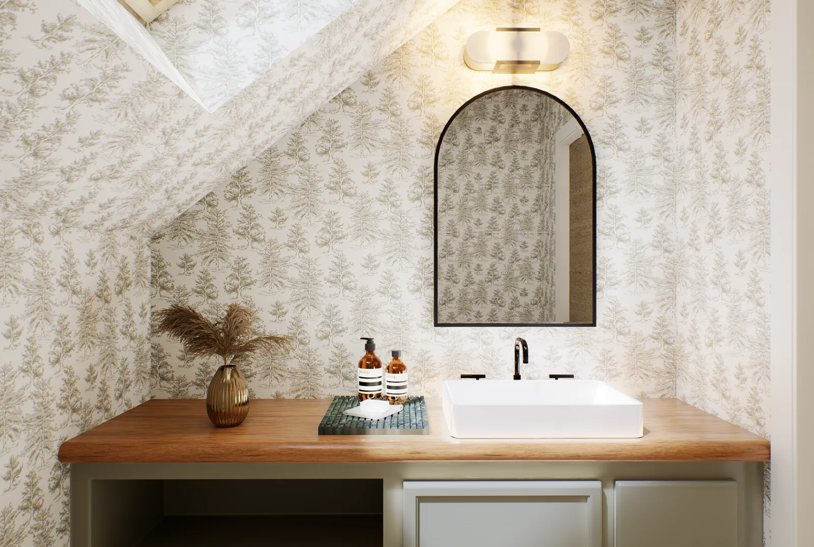 Rendering of the powder room, papered in a soft woodland toile