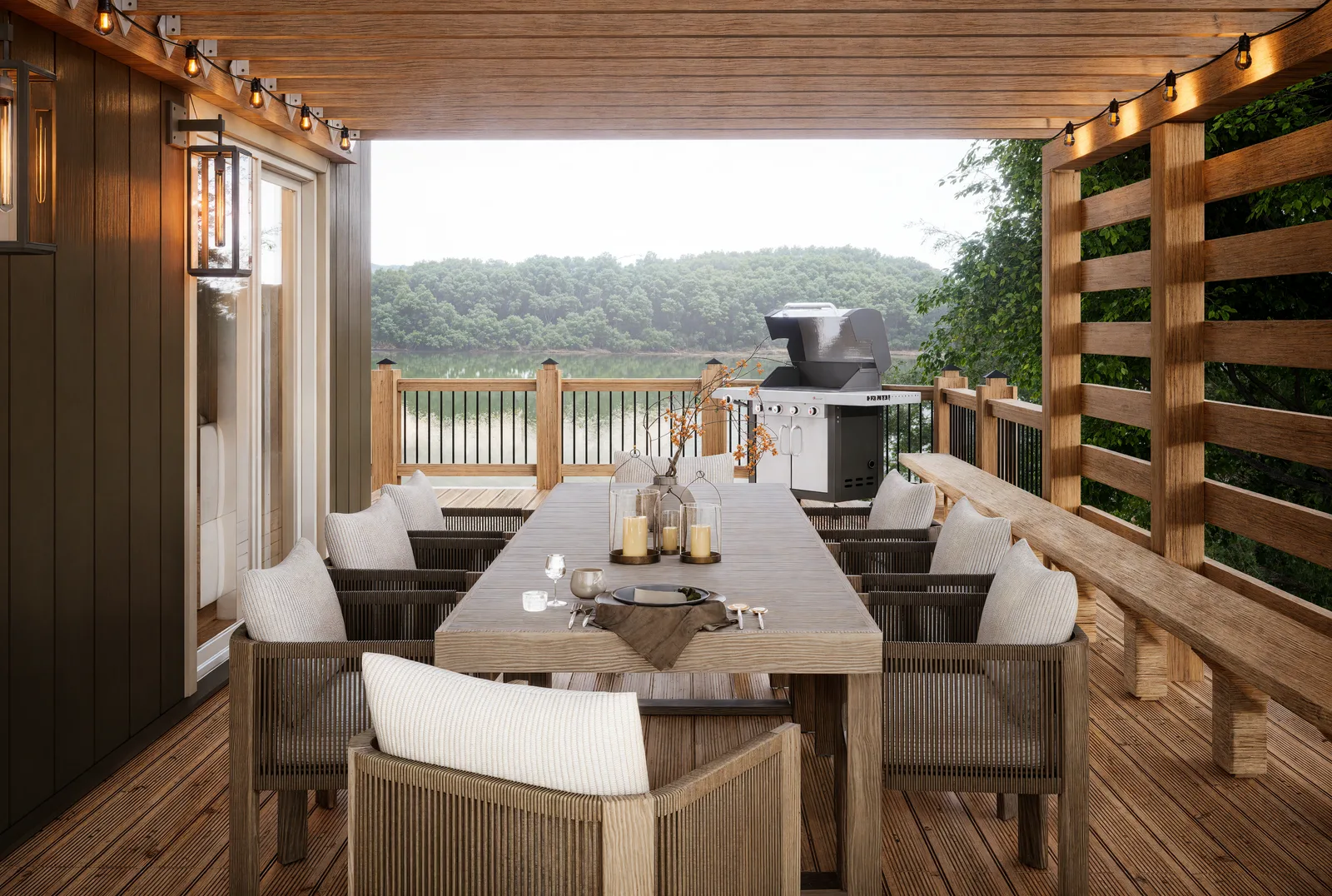 Rendering of the covered deck with string lights and a long table over the lake