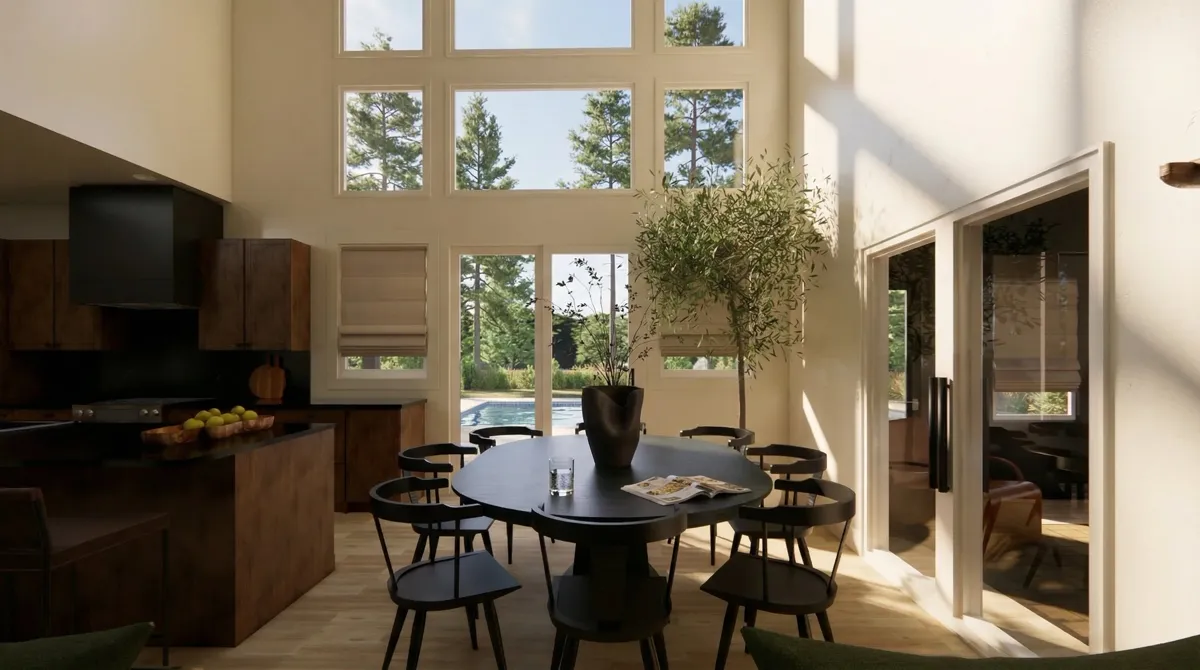 Traverse City Lake House: rendered dining beside the window wall