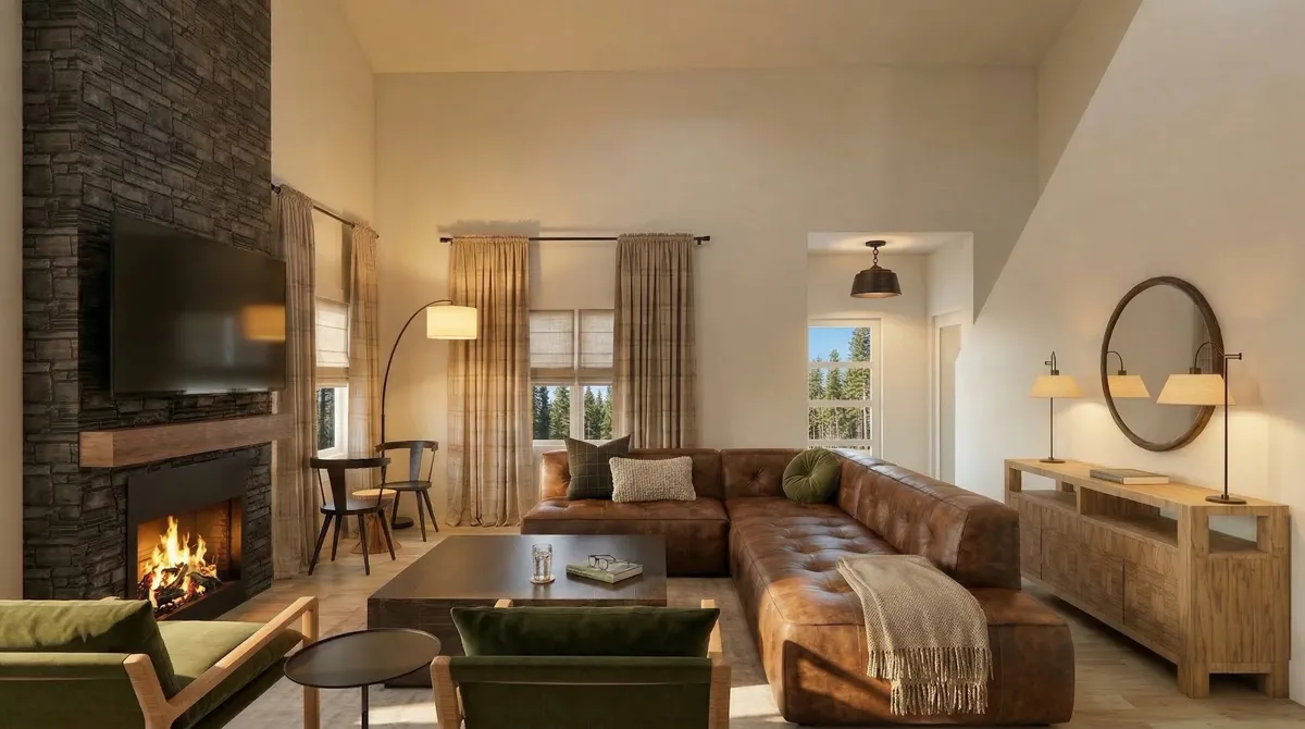 Traverse City Lake House: rendered living room with fireplace