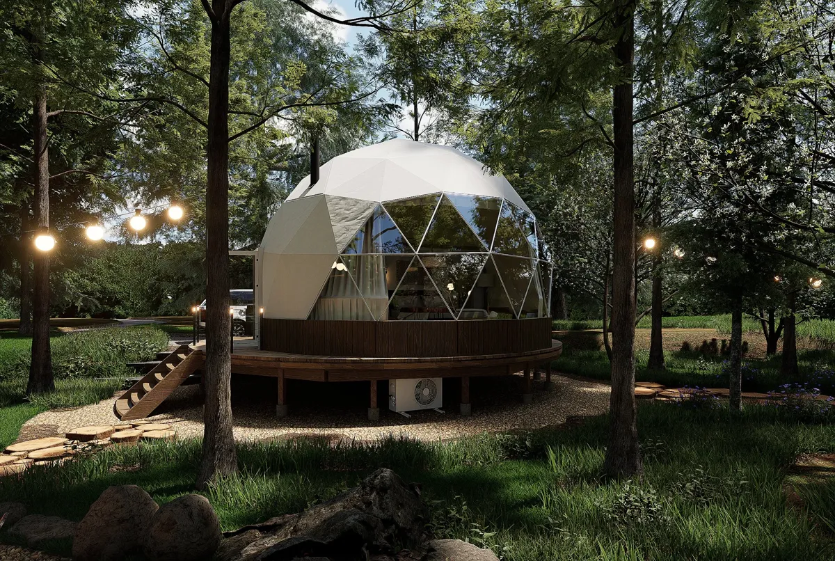 Rendered geodesic dome on its deck at dusk