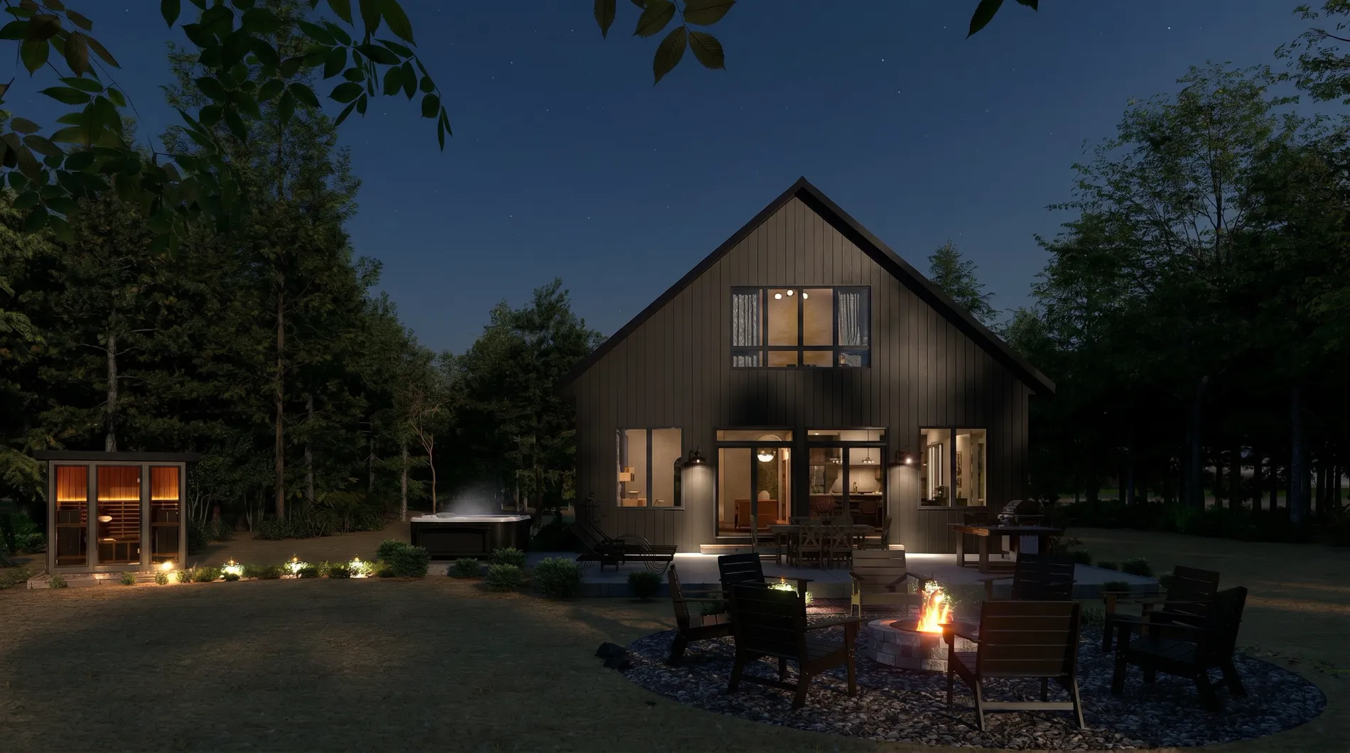 Rendered exterior at night with fire pit